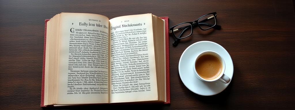 Close up of an open English literature book and a cup of coffee on a wooden table